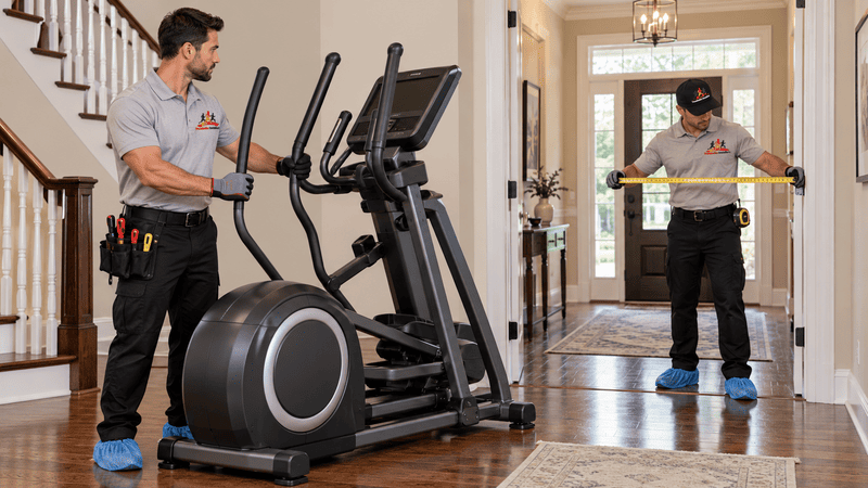 Technicians planning doorway clearance before moving a heavy elliptical trainer