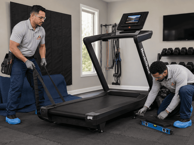 Two workers moving a treadmill in a room, one pushing and one guiding with a level.