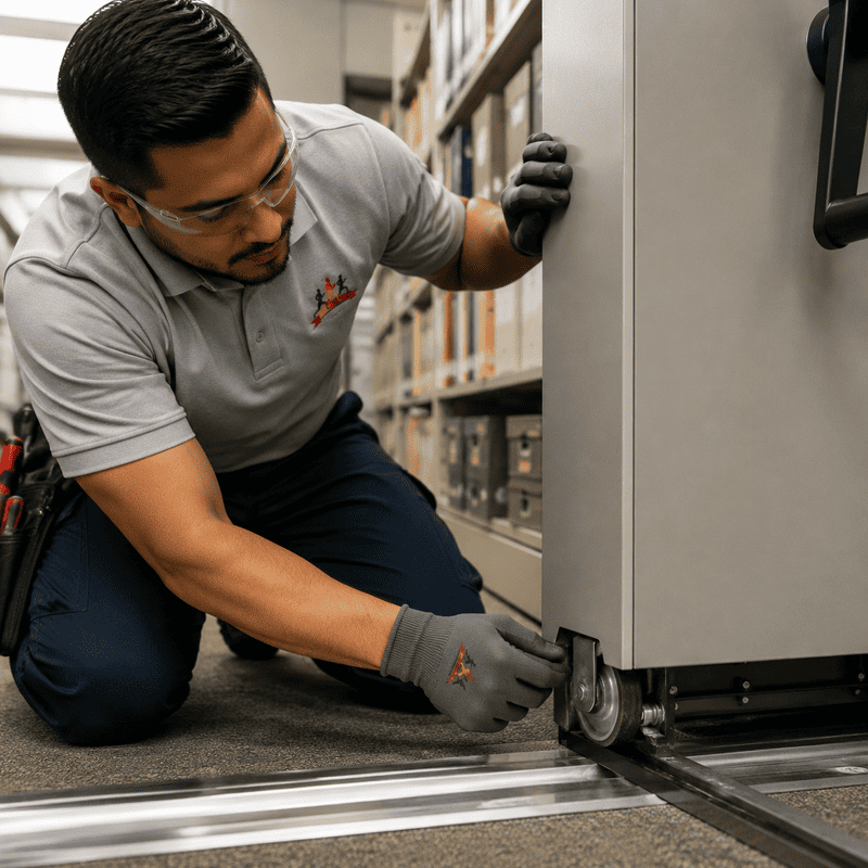 Worker inspecting a wheeled appliance in a warehouse aisle, crouched beside it with a gloved hand.