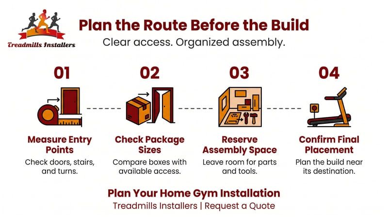 Infographic on gym planning: measure entry points, check sizes, reserve assembly space, confirm final placement.