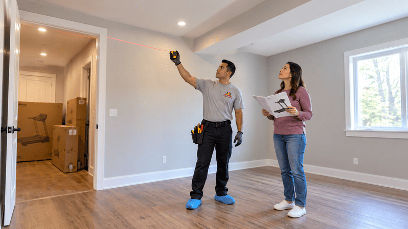 Technician and homeowner measuring an empty room and checking ceiling clearance before home gym equipment setup