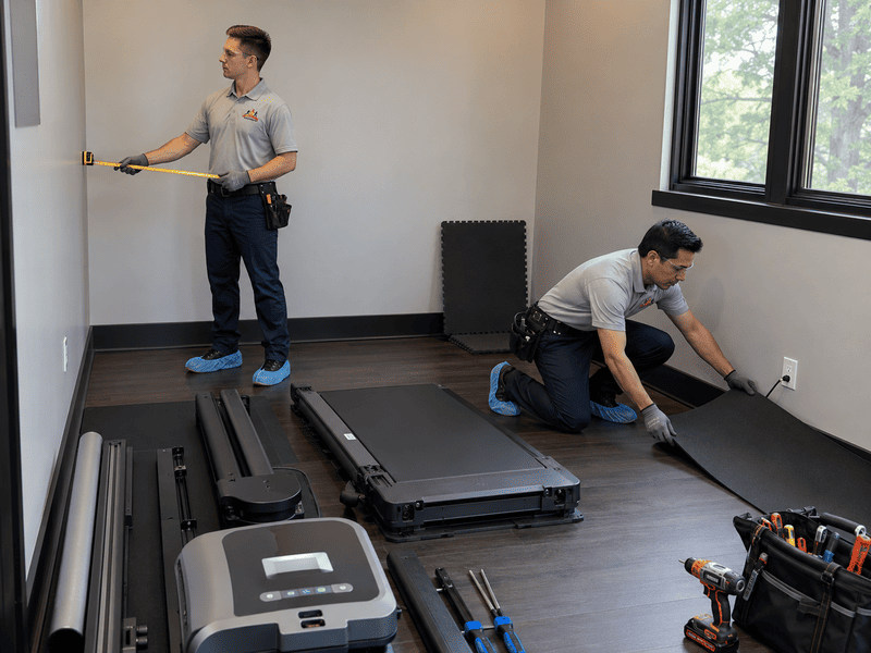 Two workers assembling a treadmill in a bright room, with parts spread across the floor.