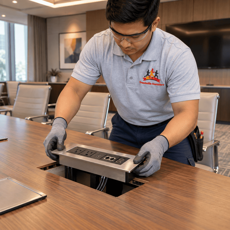 Technician in gloves inspecting a metal device on a conference table
