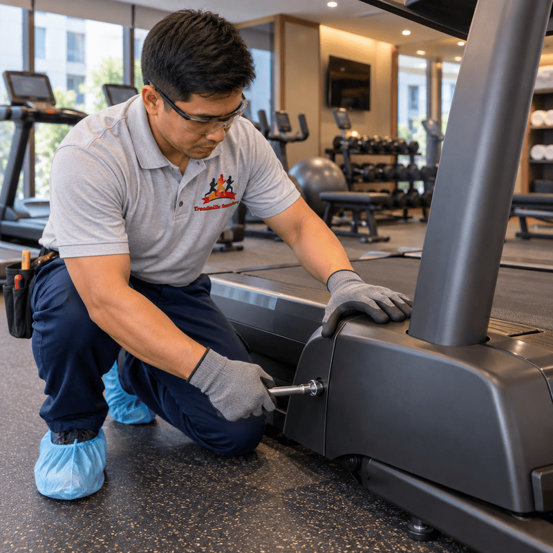 Technician kneels to repair a treadmill in a gym, using a wrench on the base.