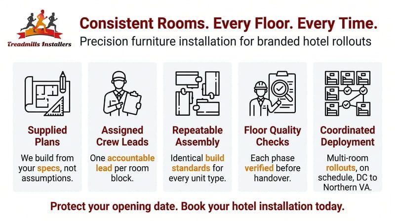 Hotel installation ad with six step icons: supplied plans, assigned crew, assembly, quality checks, and coordinated deployment.