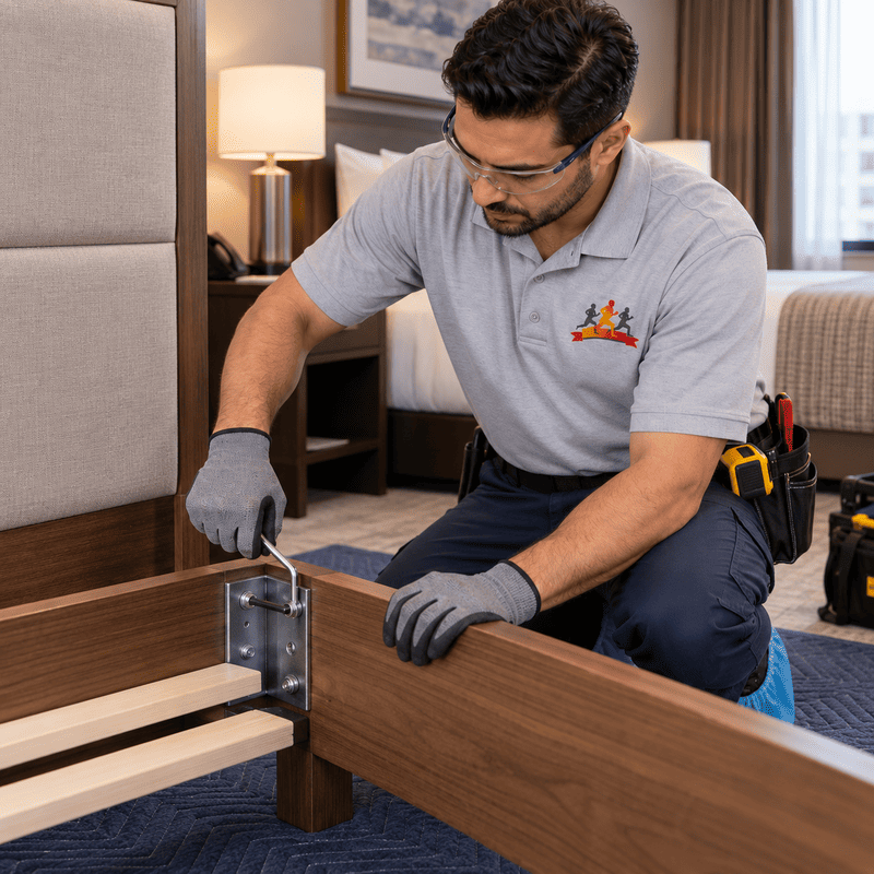 Technician assembling a wooden bed frame with a metal bracket in a bedroom.