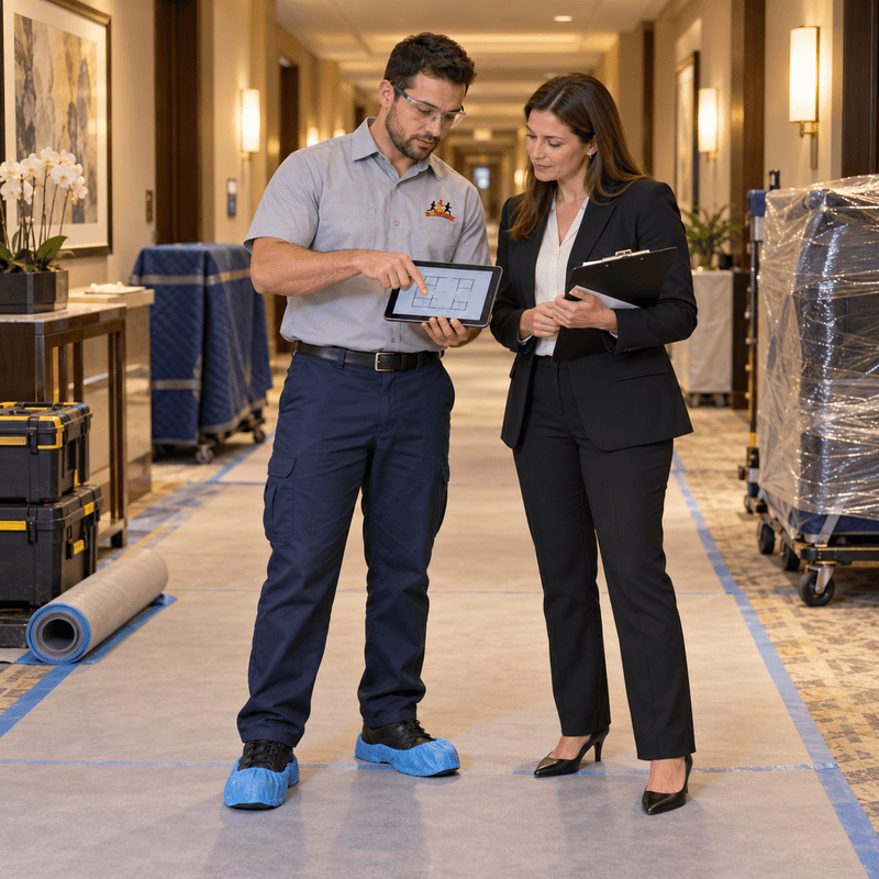 Two professionals reviewing a tablet in a hallway with wrapped equipment and renovations underway