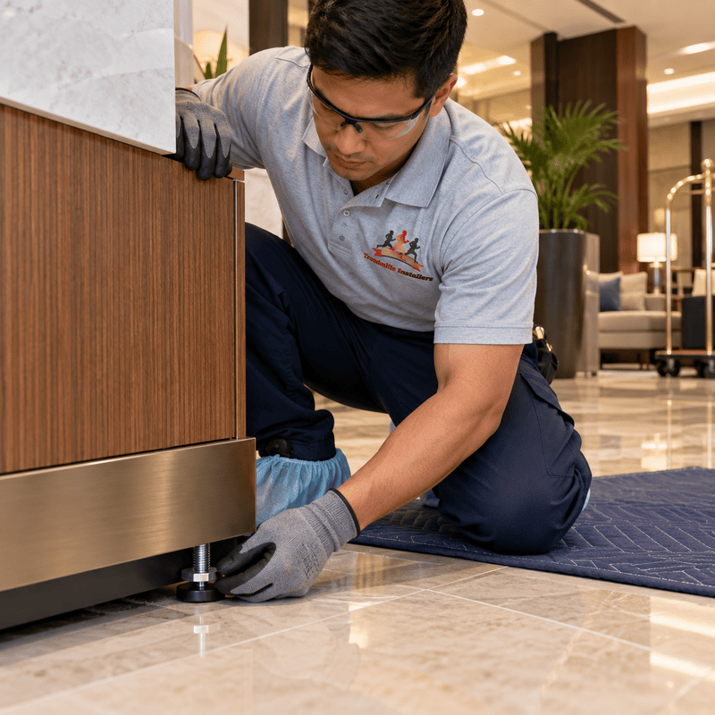 Technician kneeling to adjust furniture leveling foot in a hotel lobby
