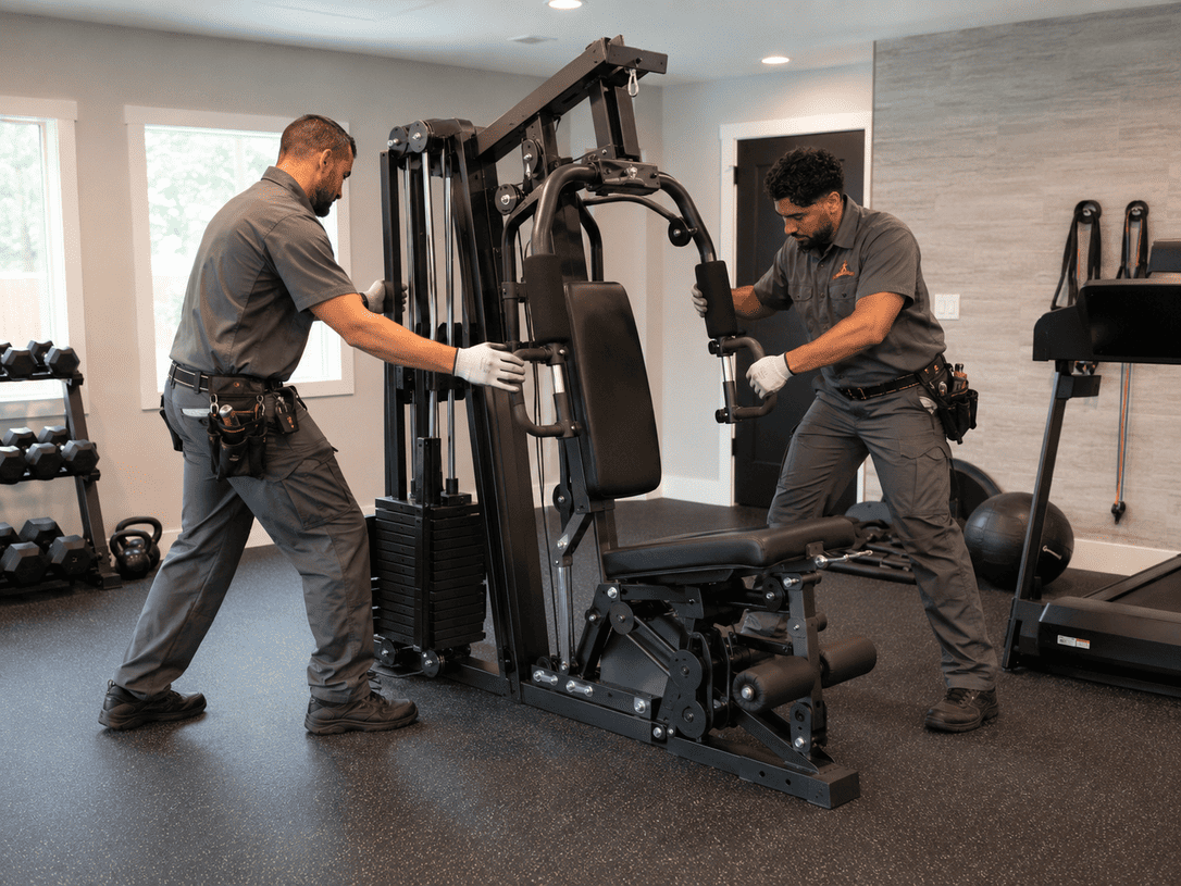 Two men assembling a weight machine in a bright gym room