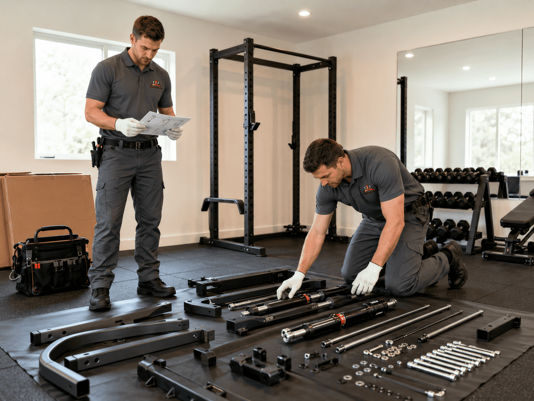 Two workers assembling black gym equipment in a bright fitness room