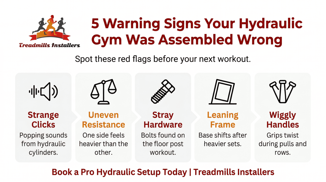 Infographic: “5 Warning Signs Your Hydraulic Gym Was Assembled Wrong” with five icon labeled signs.
