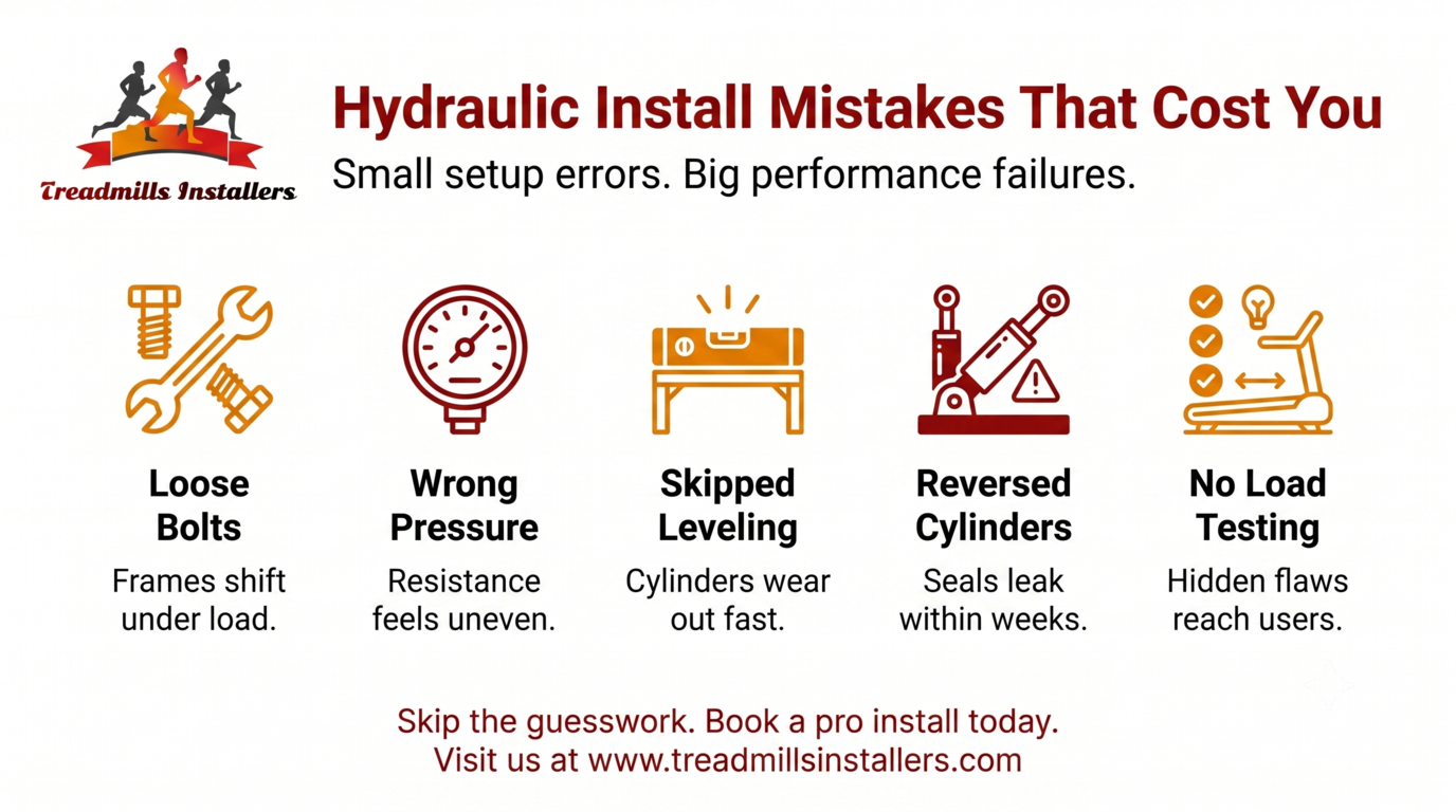 Infographic on hydraulic install mistakes: loose bolts, wrong pressure, skipped leveling, reversed cylinders, no load testing