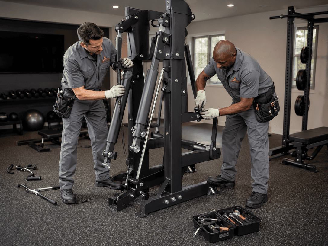 Two technicians assembling gym equipment in a fitness room, using tools beside a black machine.