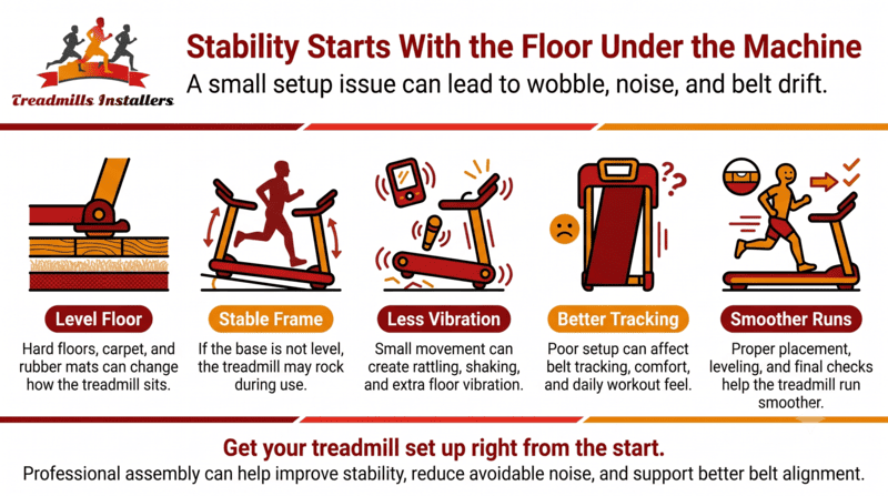 Infographic on treadmill stability with five setup tips and a red machine illustration at left