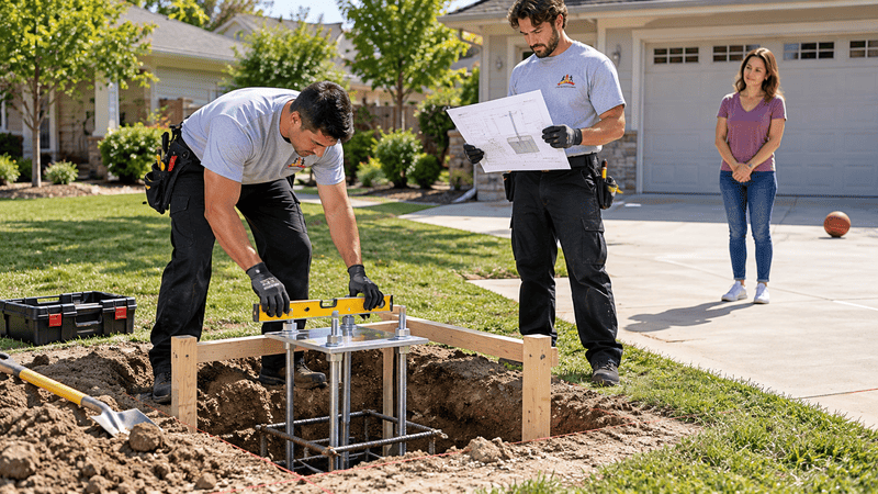 Technicians checking the alignment of an in-ground basketball hoop anchor system before the concrete pour