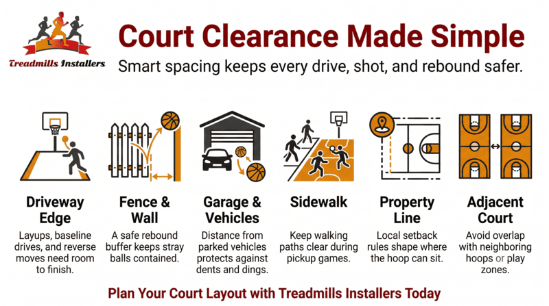 Basketball court safety infographic with six court-surface hazards and solutions, orange and black theme