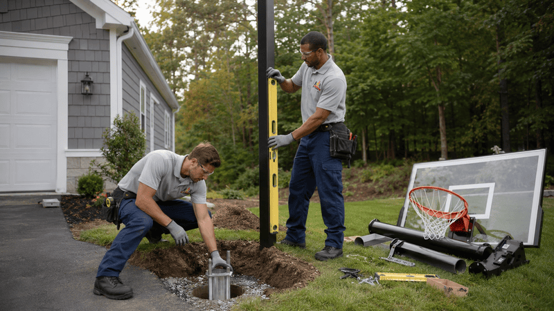 Two men assembling a basketball hoop on a driveway beside a house, with tools and parts nearby