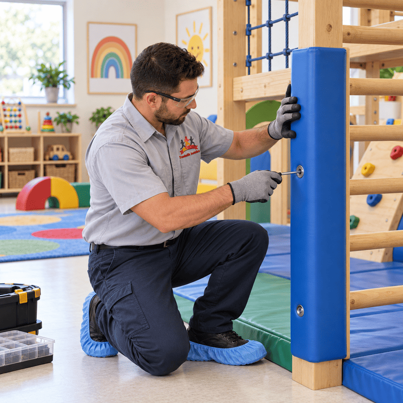 Technician kneeling to inspect a blue playground climbing structure in a bright indoor playroom.