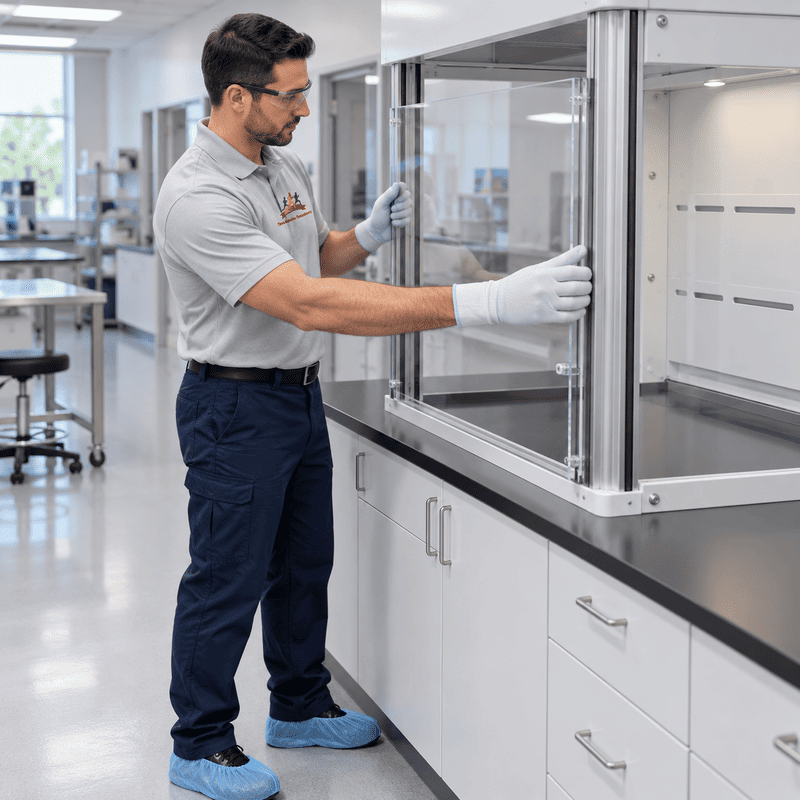 Technician in gloves adjusts a lab fume hood in a bright laboratory