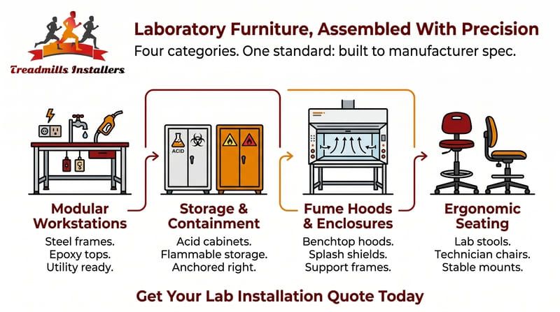 Laboratory furniture ad with benches, storage, fume hood, and ergonomic seating on a white background