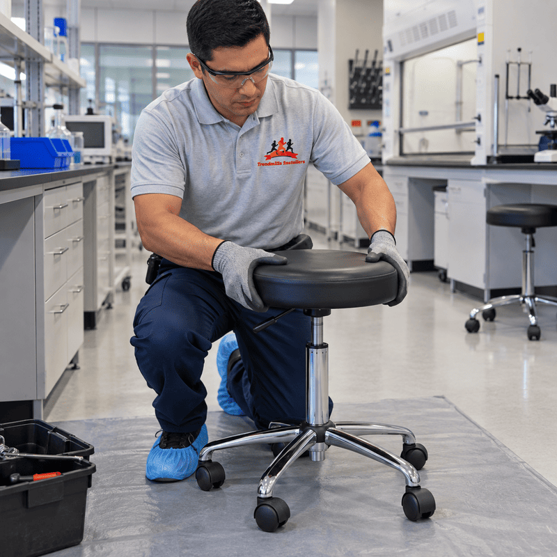 Technician kneeling in a lab, adjusting a black rolling stool with gloved hands.