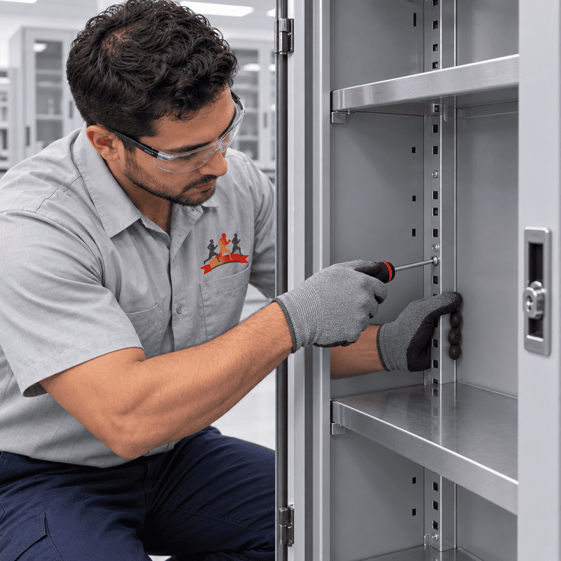 Technician in gloves adjusting shelves inside a metal cabinet