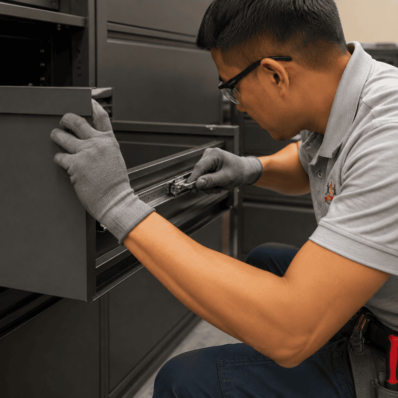 Technician in gray gloves adjusting a metal drawer in a dark workshop cabinet