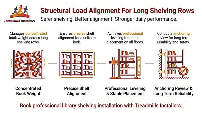 Infographic on structural load alignment for long shelving rows, showing four installation steps with red shelving diagrams.