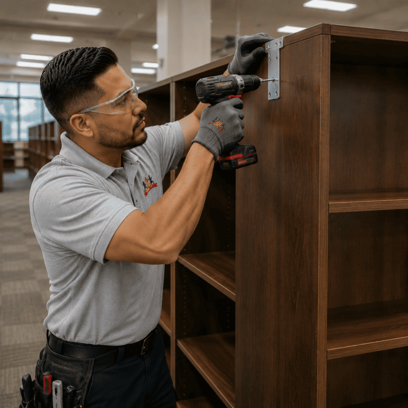 Worker using a drill to assemble a dark wood cabinet in a workshop