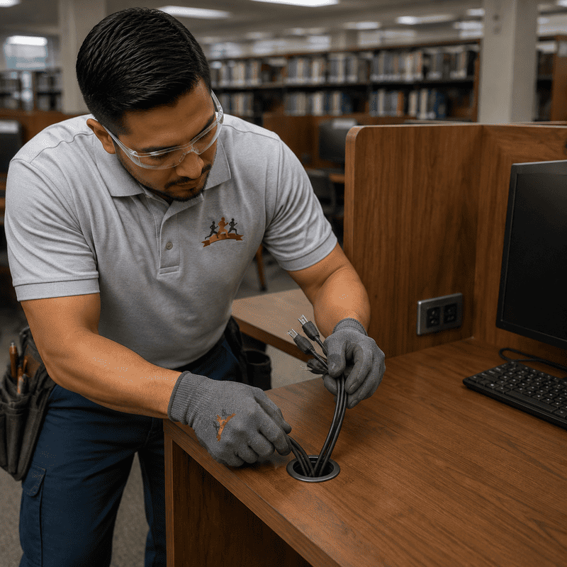 Technician using a suction tool to clean a desk in a library or office setting