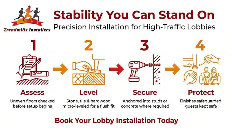 Infographic for high-traffic lobbies: assess, level, secure, protect; “Book Your Lobby Installation Today”