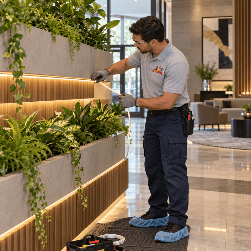 Worker cleaning indoor plant wall with a handheld tool in a modern lobby