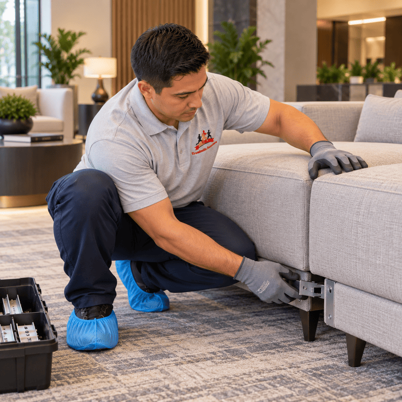 Technician in gray shirt and blue shoe covers inspecting a sofa in a modern lobby