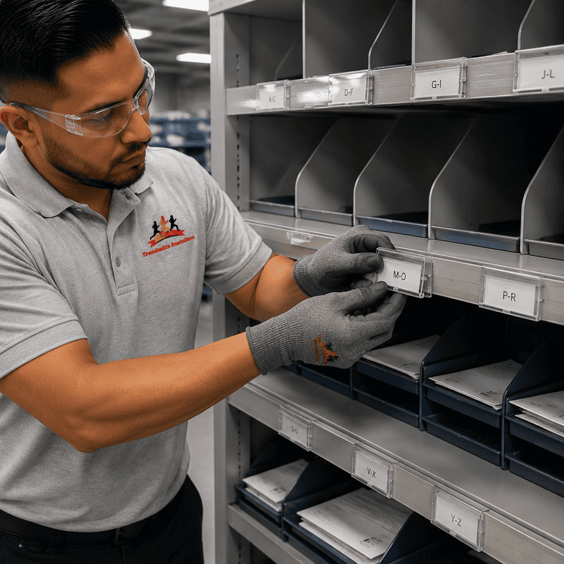 Worker in gray shirt and gloves organizing labeled bins on metal shelving in a storage room