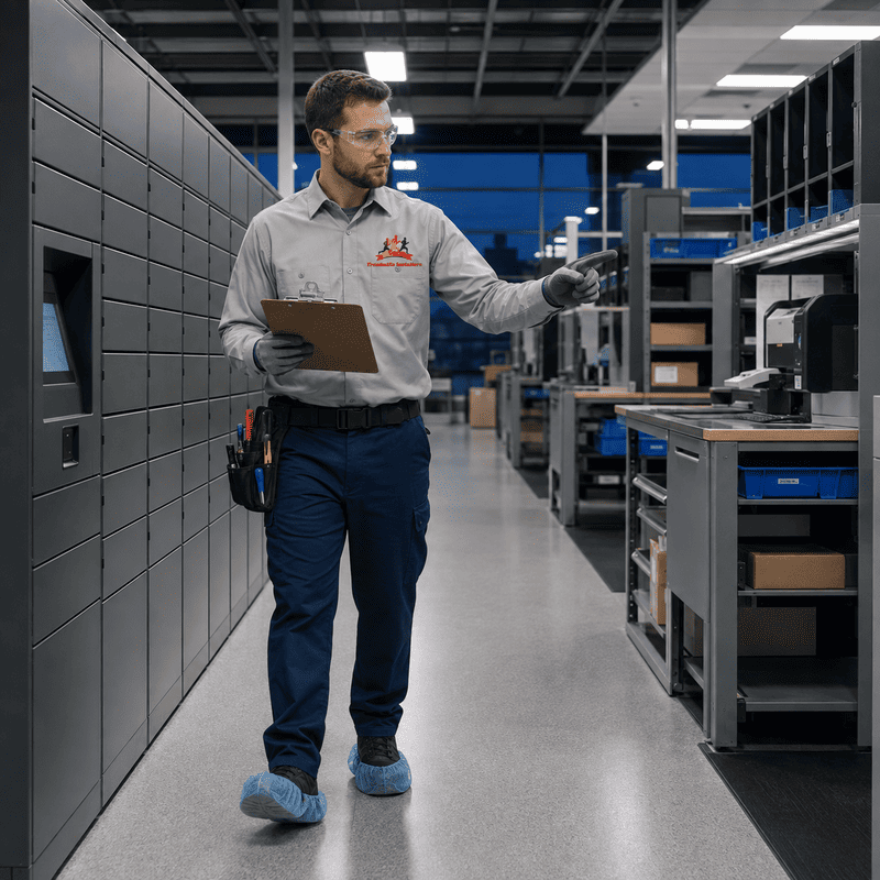 Warehouse worker holding clipboard in an industrial aisle, wearing gloves and blue shoe covers.