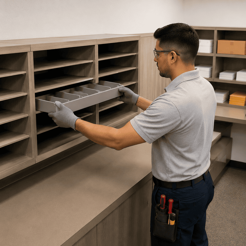 Person in gloves loading paperwork into cubby shelves at a storage counter