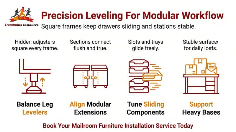 Modular furniture leveling infographic with four assembly steps and red/orange adjustment icons.