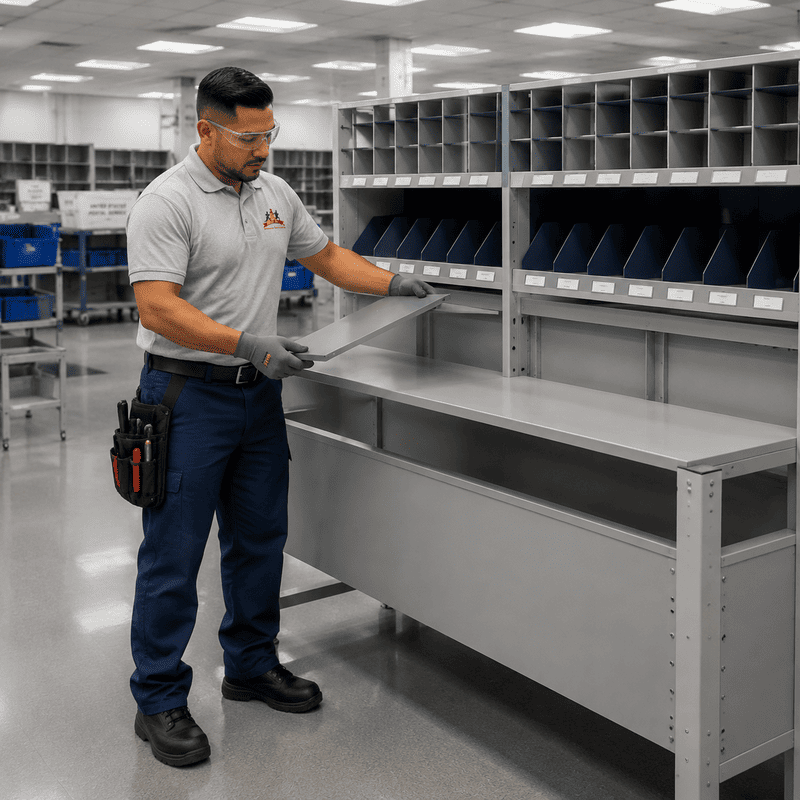 Worker assembling a gray metal workstation in a warehouse with shelves and storage bins