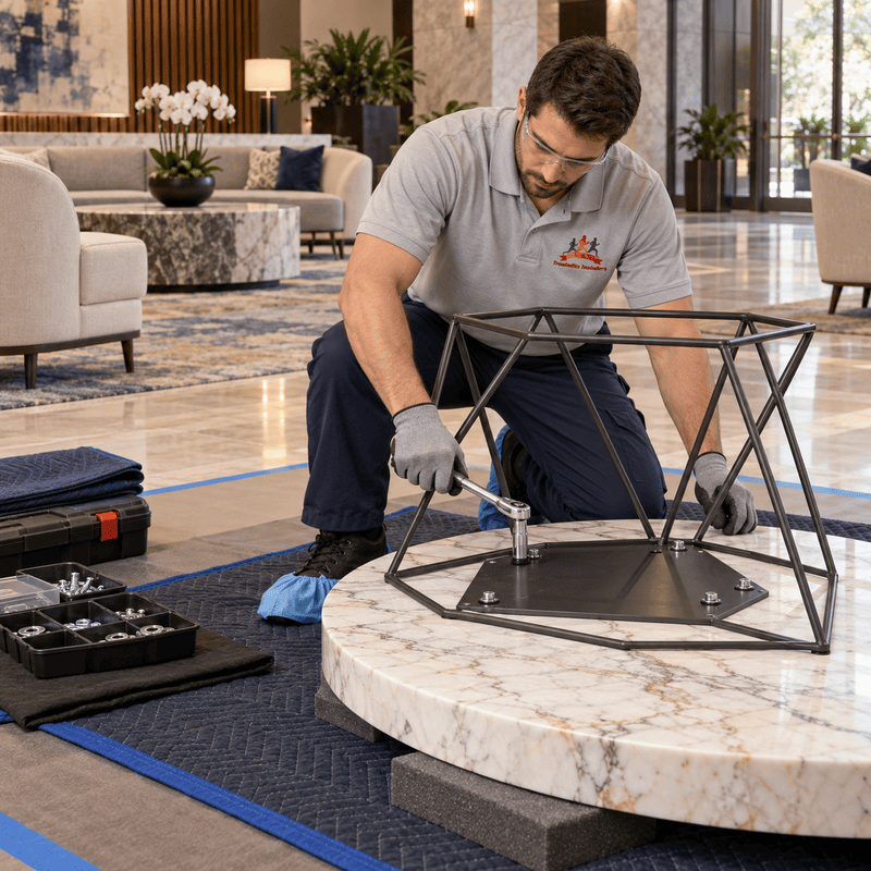 Technician kneels beside a marble table base, assembling parts on a hotel lobby floor