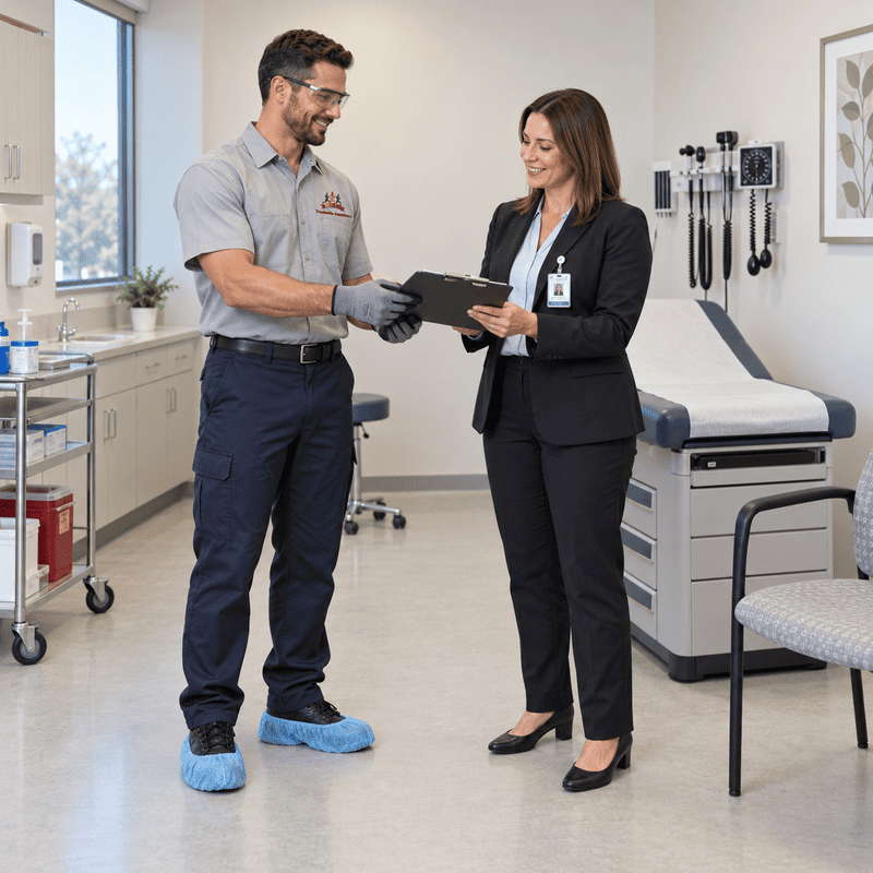 Two clinicians discussing a tablet in a medical exam room, with exam table and wall tools in the background.