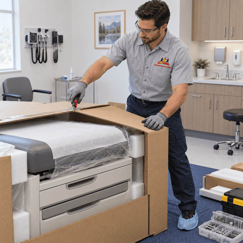 Worker packaging a hospital bed in a clinical room for transport