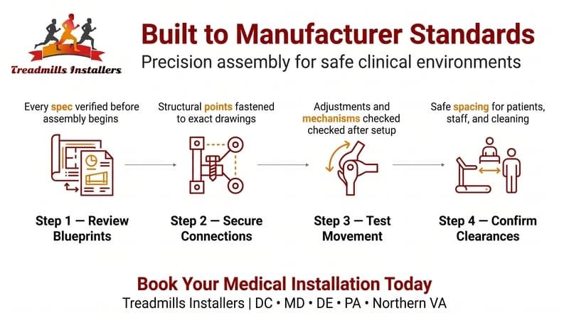Medical installation infographic: built to manufacturer standards, with four setup steps and medical instruments icons