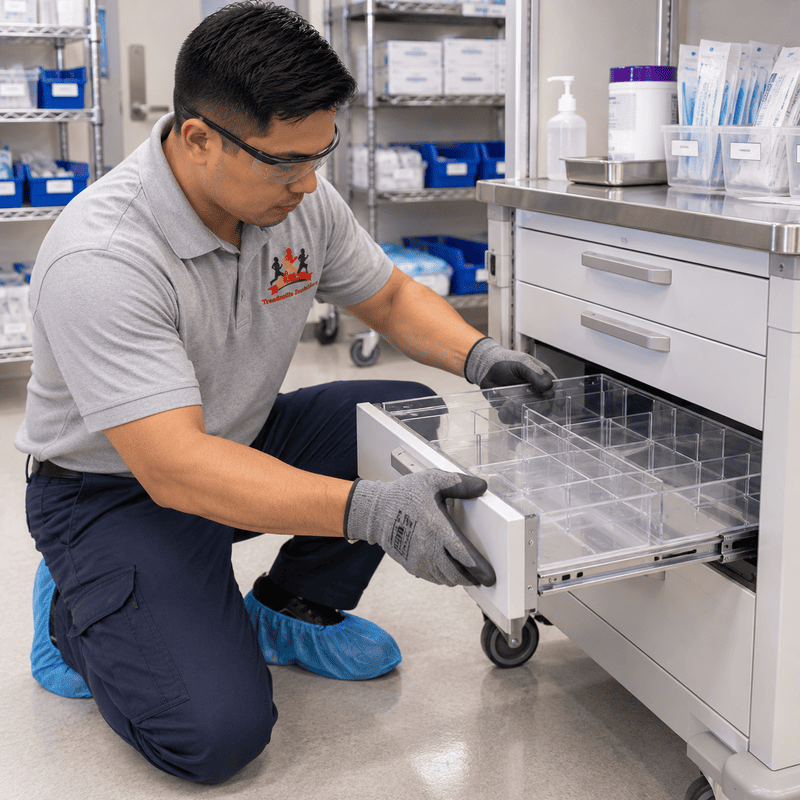 Lab technician pulling out a drawer of clear containers in a clean laboratory.