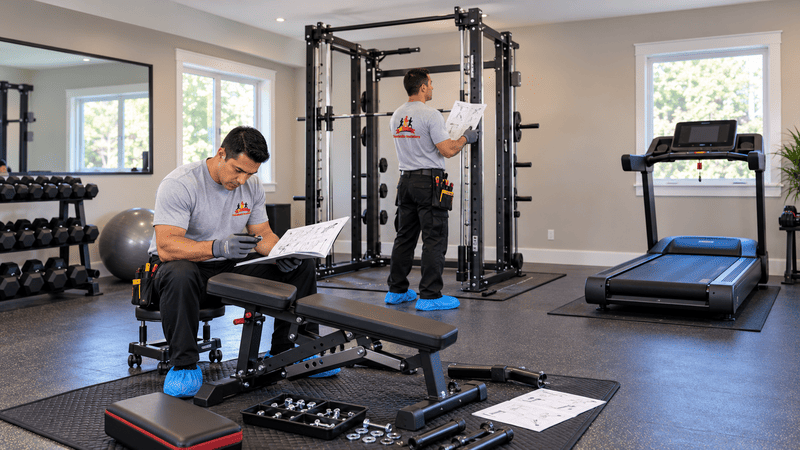 Two technicians following separate assembly guides for an adjustable bench and Smith machine in a home gym