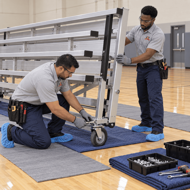 Two technicians assembling a wheeled metal rack in a gymnasium, with tools on a mat nearby.