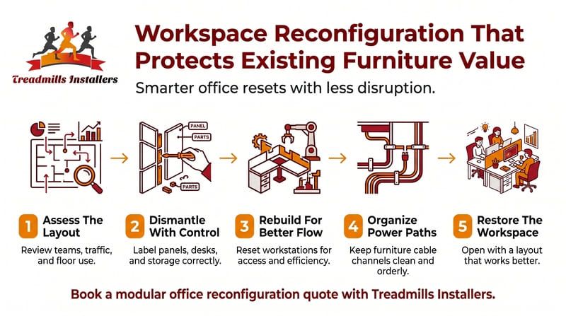 Infographic about workspace reconfiguration, showing five steps with orange and brown icons.