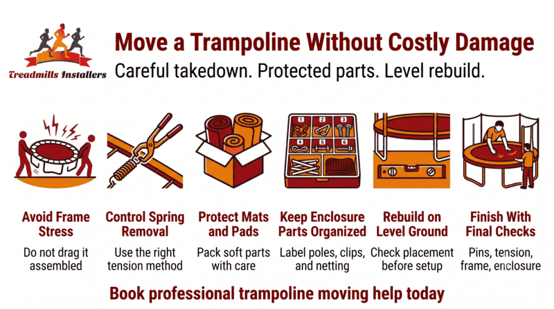 Infographic showing steps to move a trampoline safely without damage, with red and orange illustrations and tips.