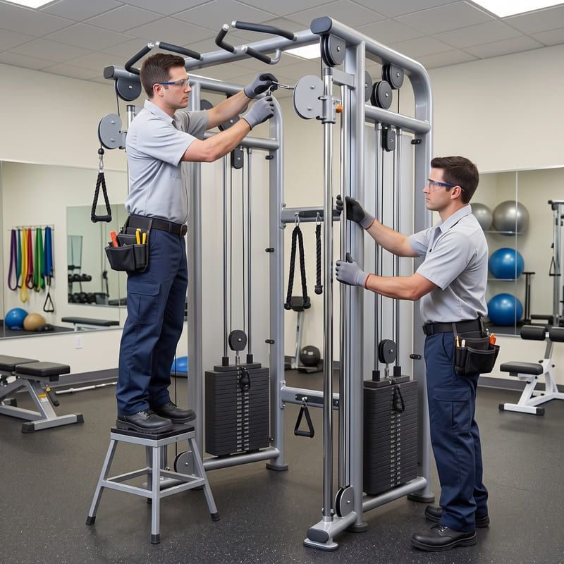 Two technicians adjusting a cable machine in a gym, one standing on a stool and the other on the floor.