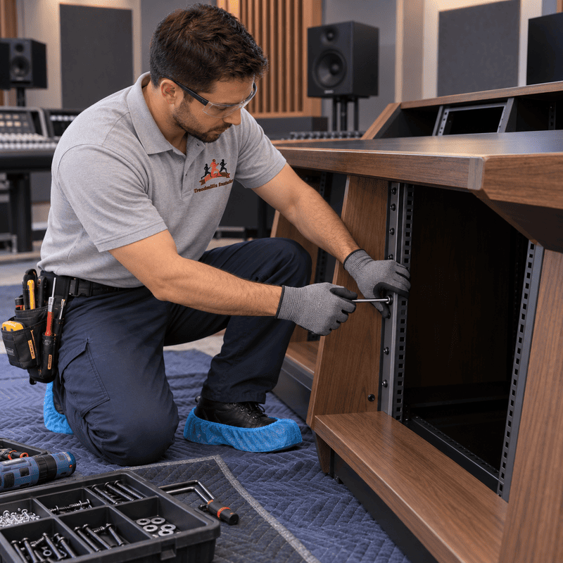 Technician kneeling to install a cabinet panel in a studio, with tools and audio equipment nearby.