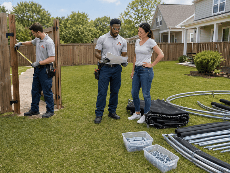 Three people assembling a metal fence in a backyard, with tools and panels on the grass.